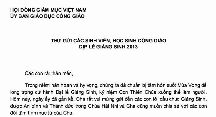 Thư gửi các sinh viên, học sinh Công giáo dịp lễ Giáng sinh 2013