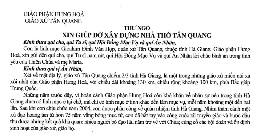 Thư ngỏ: Xin Giúp Đỡ Xây Dựng Nhà Thờ Tân Quang