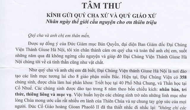 Tâm thư của Đức cha Giám đốc Đại chủng viện Hà Nội