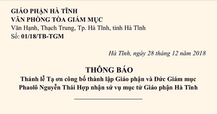 Giáo phận Hà Tĩnh: Thánh lễ thành lập giáo phận ngày 11 tháng 02 năm 2019