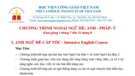 Học viện Công giáo Việt Nam: Chương trình ngoại ngữ hè: Anh - Pháp - Ý khai giảng 01.07.2021