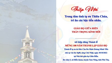 Thiệp mời lễ tạ ơn kỷ niệm 100 năm thành lập giáo họ Giữa Hiền - giáo xứ Hiền Quan