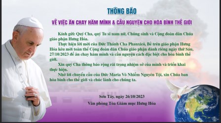 Văn phòng Tòa Giám mục Hưng Hóa: Thông báo về việc ăn chay hãm mình và cầu nguyện cho hòa bình thế giới