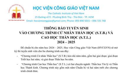 Học viện Công giáo Việt Nam thông báo tuyển sinh cử nhân và cao học thần học năm 2024 – 2025
